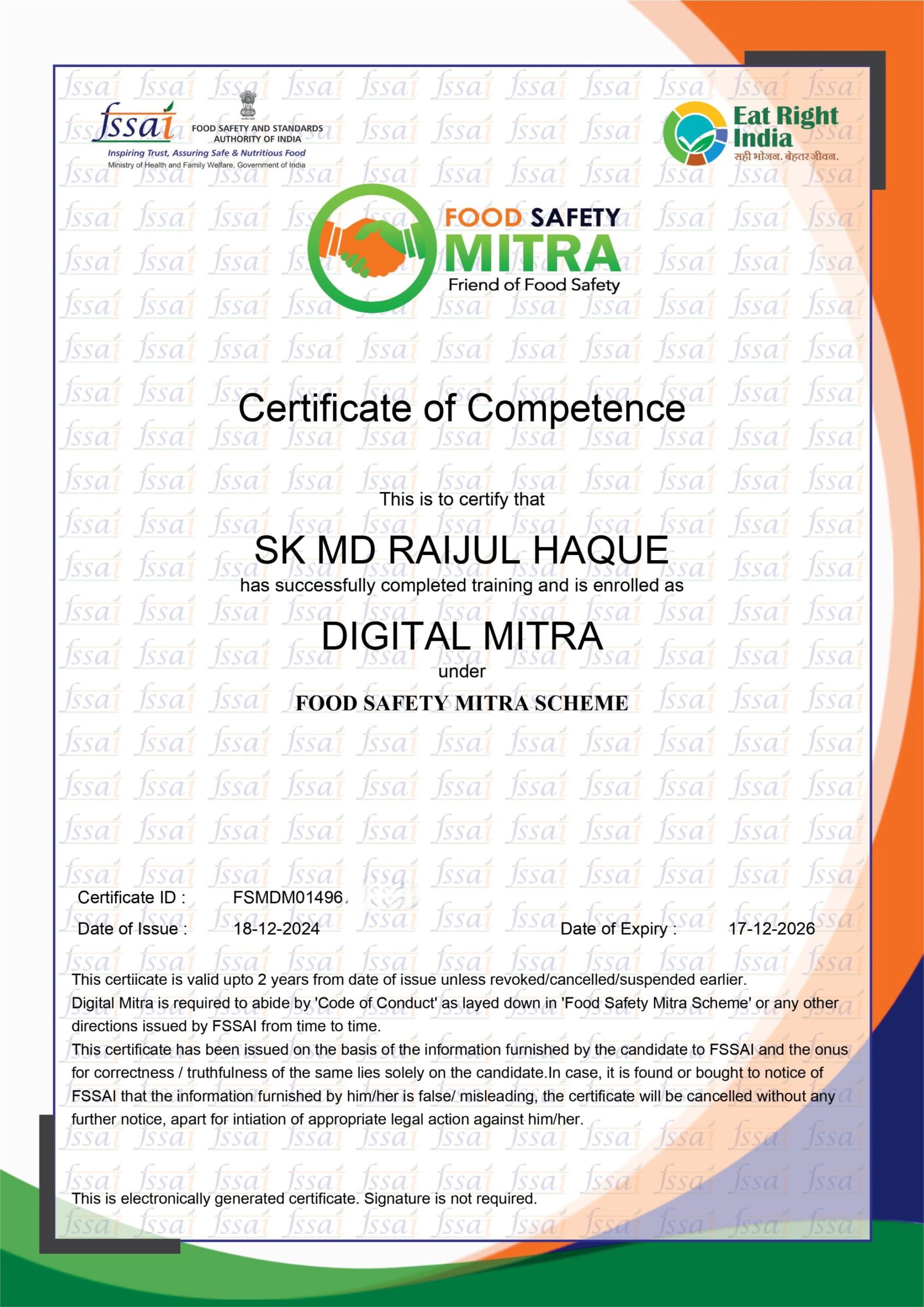 Food Safety Mitra Certificate